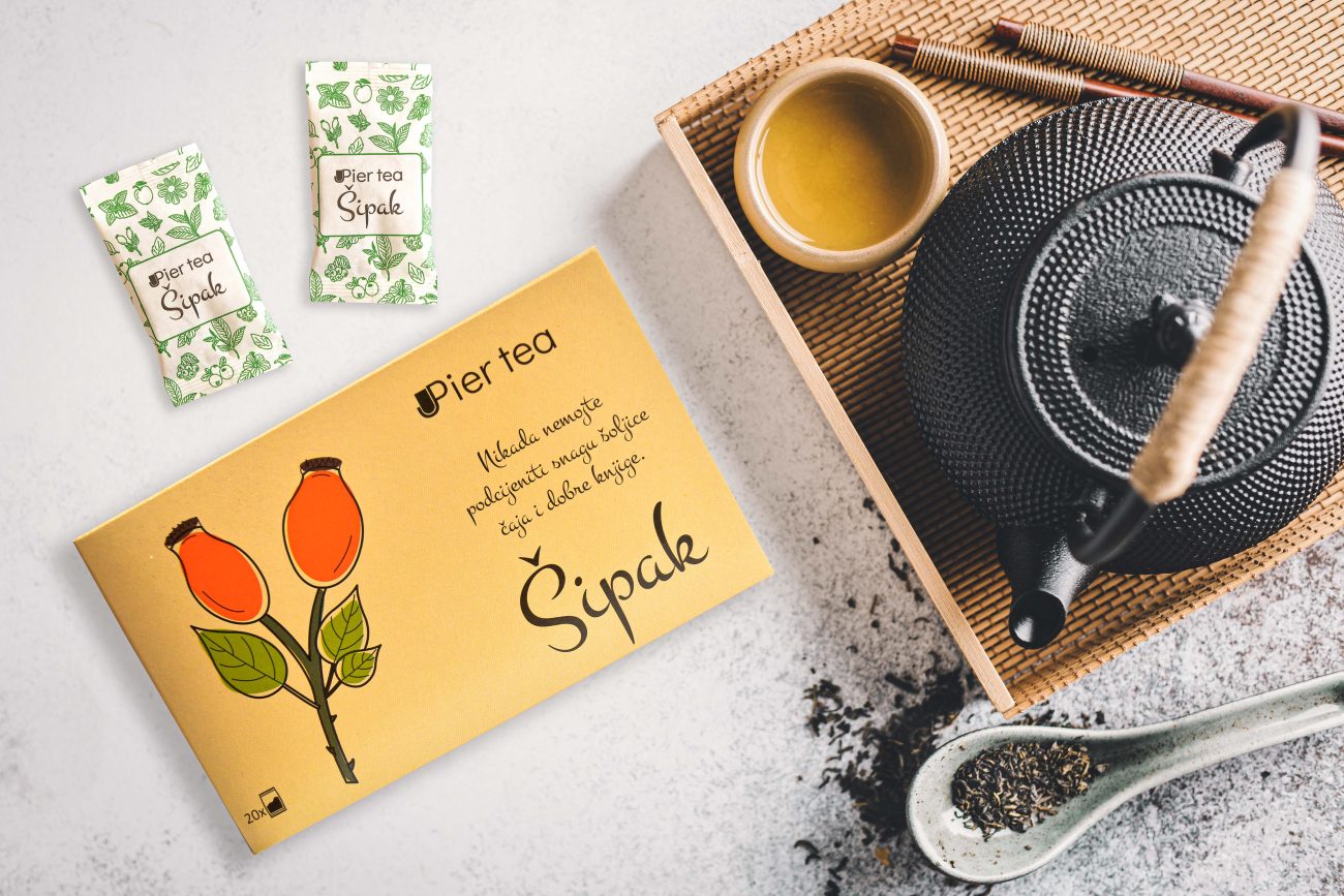 Tea concept. Teapot with tea on table. View from above with copy space.